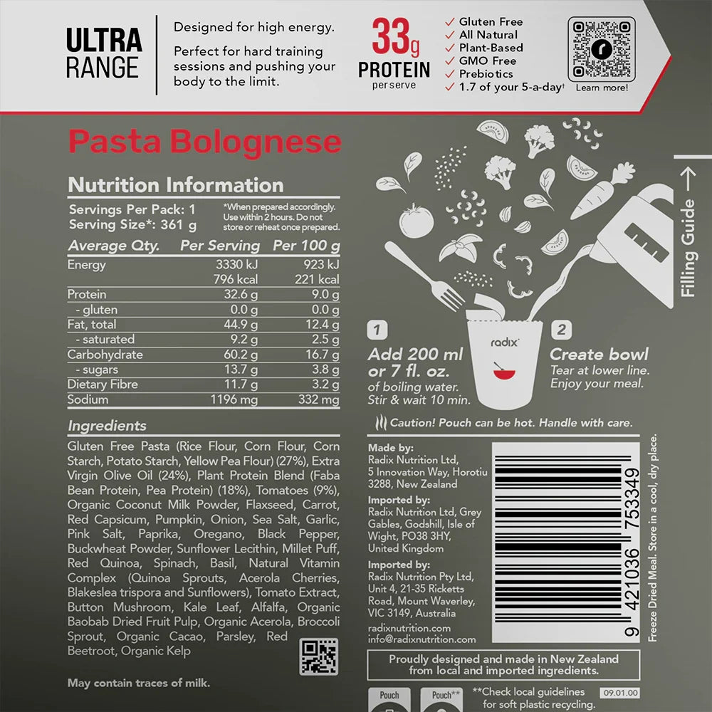 Radix Nutrition Ultra V9 Meals 800 Kcal - Pasta Bolognese Nutrition Panel 15