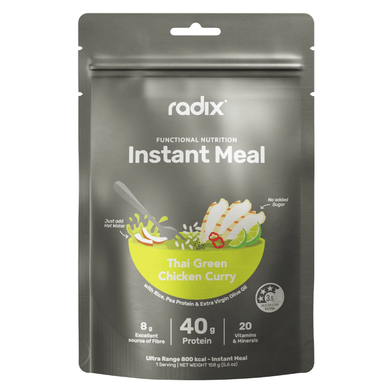 A 100g stand-up pouch of Radix Functional Nutrition Instant Meal, Thai Green Chicken Curry flavor. The packaging is a metallic dark gray with a bright green bowl graphic in the center, showing chicken, greens, and lime slices.