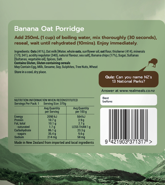 Back of a banana oat porridge package with text, ingredients list, nutrition information, and a barcode.