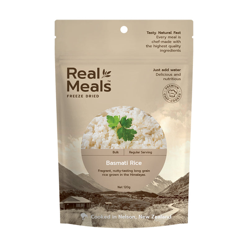 Package of Real Meals freeze-dried Basmati Rice with a scenic background