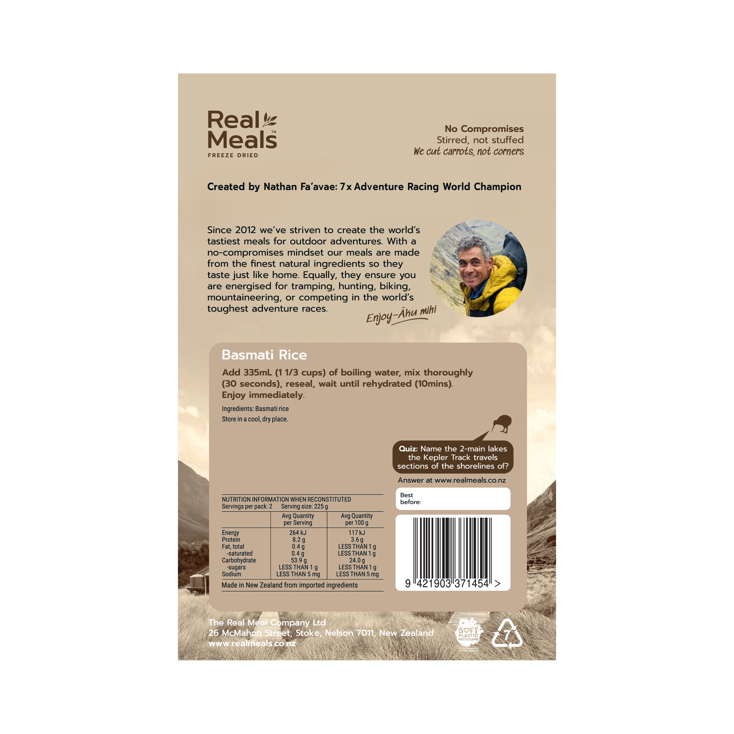 Back of a Real Meals meal kit packaging with text and a barcode.