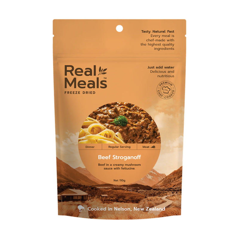 Package of Real Meals freeze-dried Beef Stroganoff on a white background