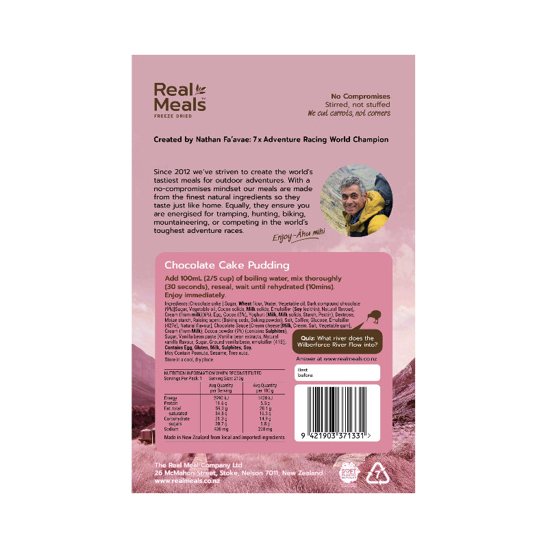Back of a Real Meals chocolate cake pudding package with branding and product details.