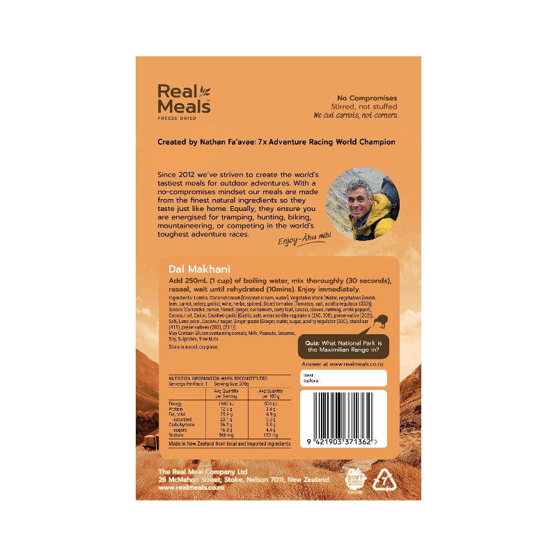 Back of a Real Meals food package with branding and text