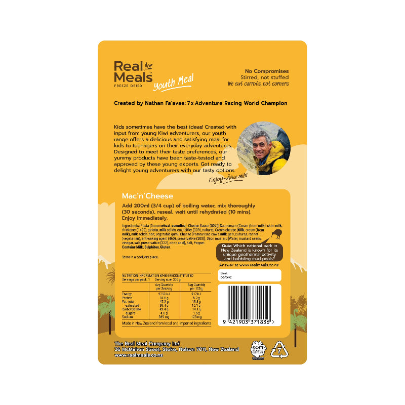 Back of a Real Meals youth meal package with text and branding.