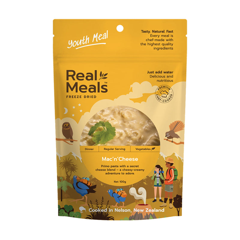 Packaged freeze-dried mac 'n' cheese meal from Real Meals on a white background