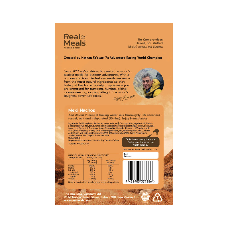 Back of a Real Meals meal package with branding and product details.