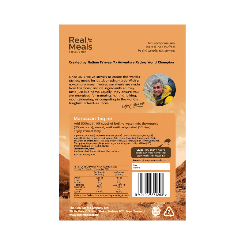 Back of a Real Meals food package with branding and text on an orange background