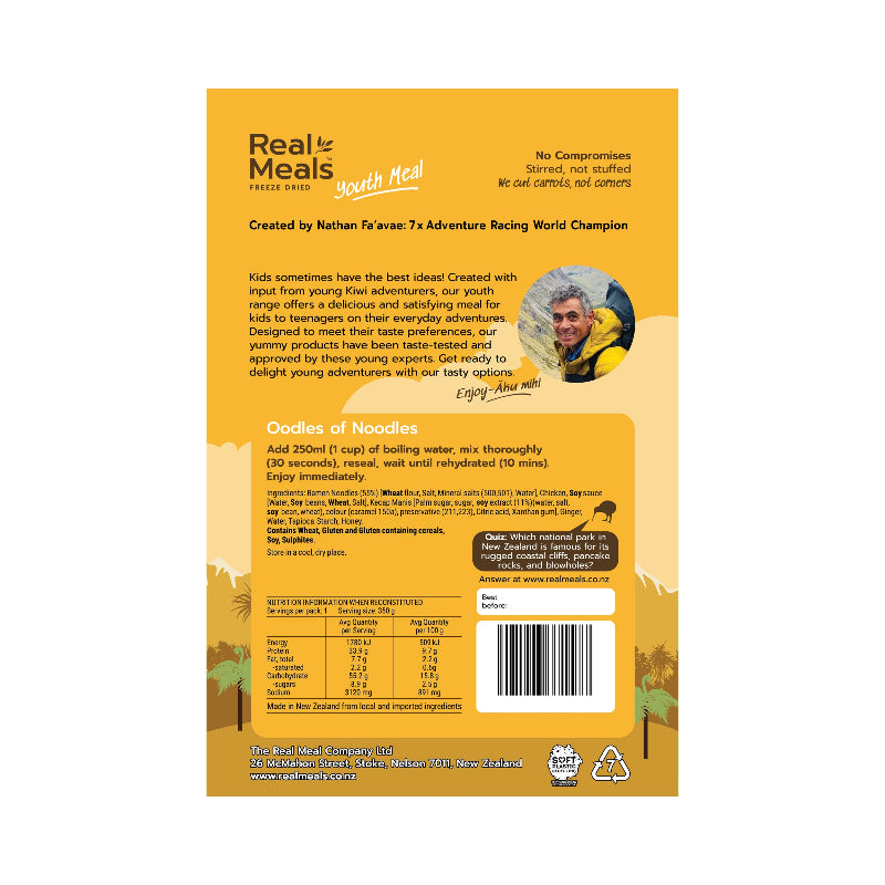 Back of a Real Meals youth meal package with branding and text.