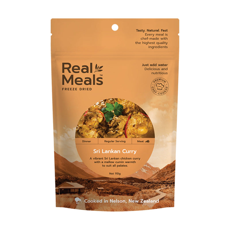 Package of Real Meals freeze-dried Sri Lankan Curry with scenic background