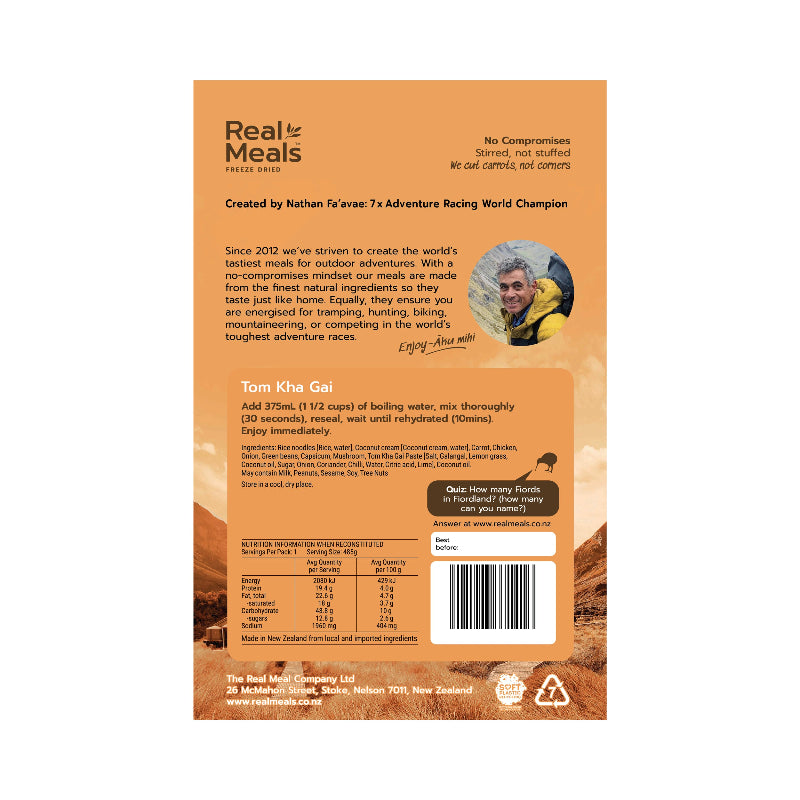 Back of a Real Meals food package with branding and text