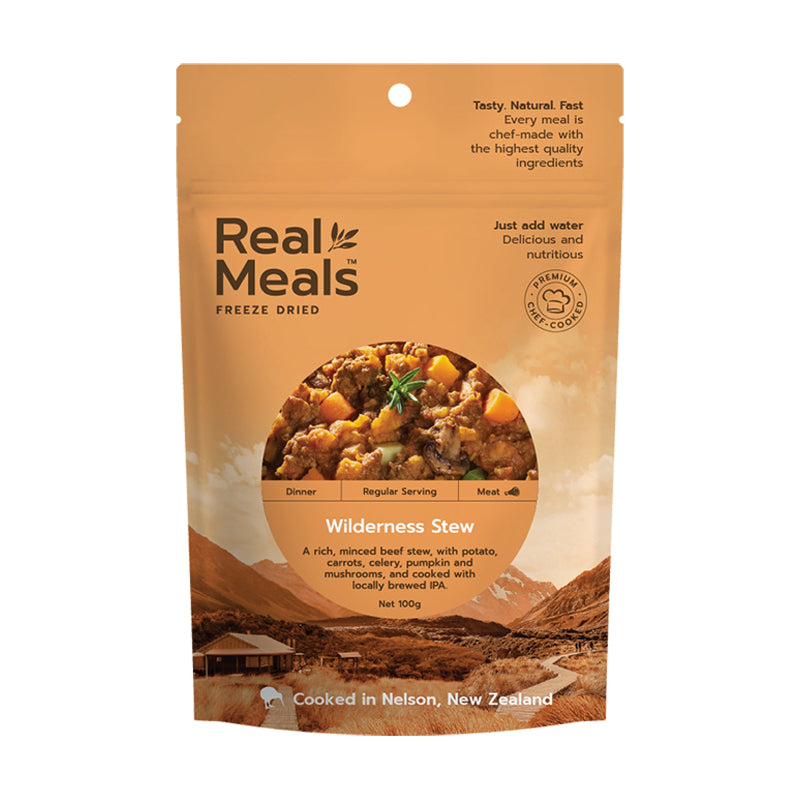 Package of Real Meals freeze-dried wilderness stew on a white background