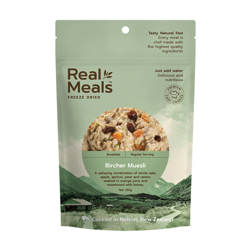 Packaged Bircher Muesli with 'Real Meals' branding on a green background