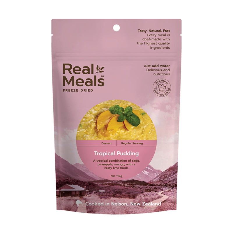 Real Meals freeze-dried tropical pudding package with pink background