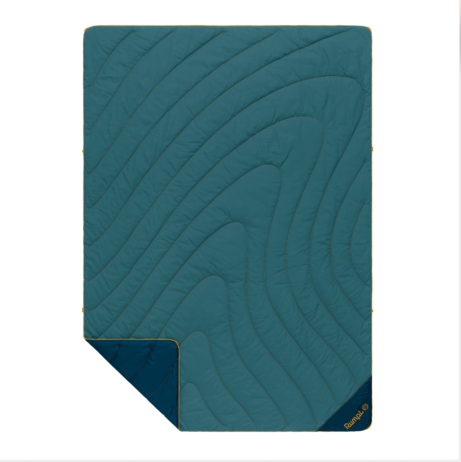Teal quilt with wavy pattern on a white background