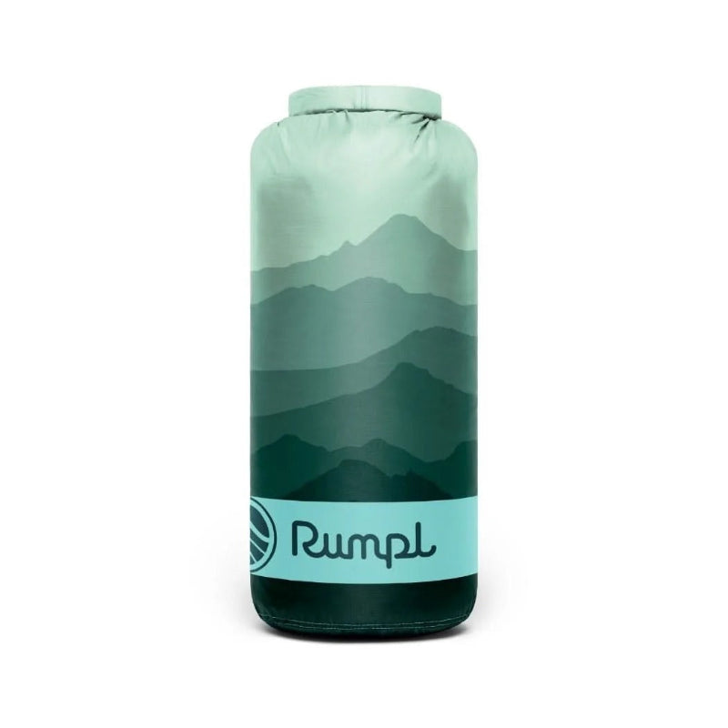 Green and blue dry bag with mountain design and Rumpl logo on a white background