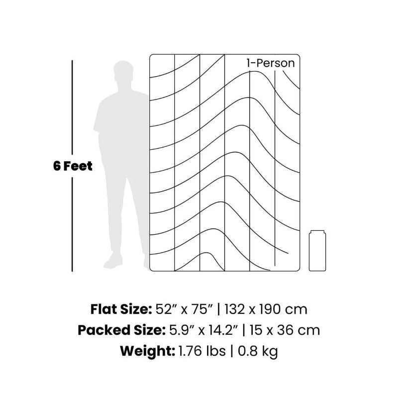 Measurement chart showing dimensions of a product with a person for scale.