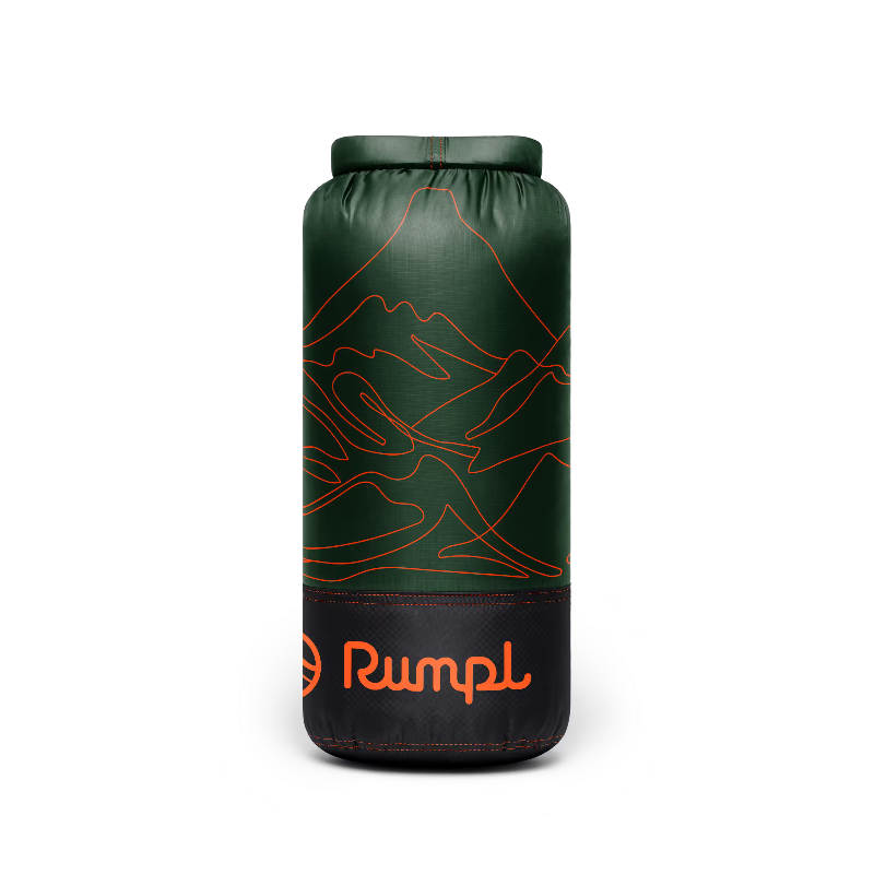 A cylindrical dry bag in dark green with an orange line-art mountain pattern and a black bottom section featuring the orange Rumpl logo, shown on a plain white background.