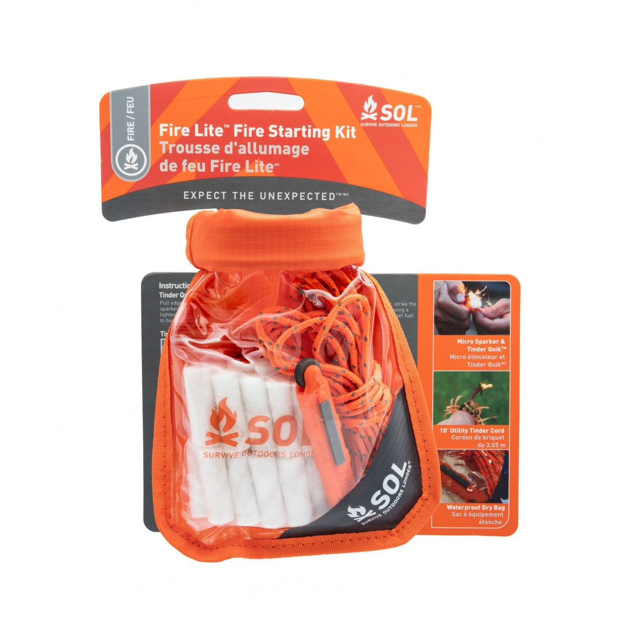 Sol firelighting kit in a dry bag with tinder, rod and cord