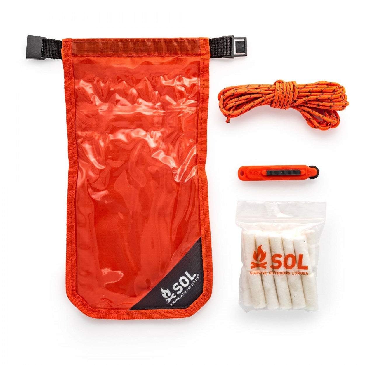 Dry bag, tinder, cord and rod laid out