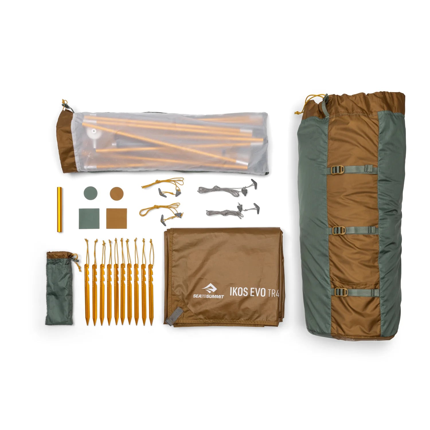 Camping gear set including tent stakes, ropes, and a carrying bag on a white background