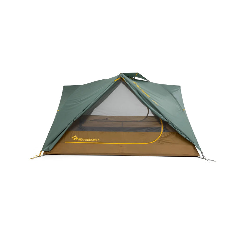 Green and brown tent with Sea to Summit logo on a white background