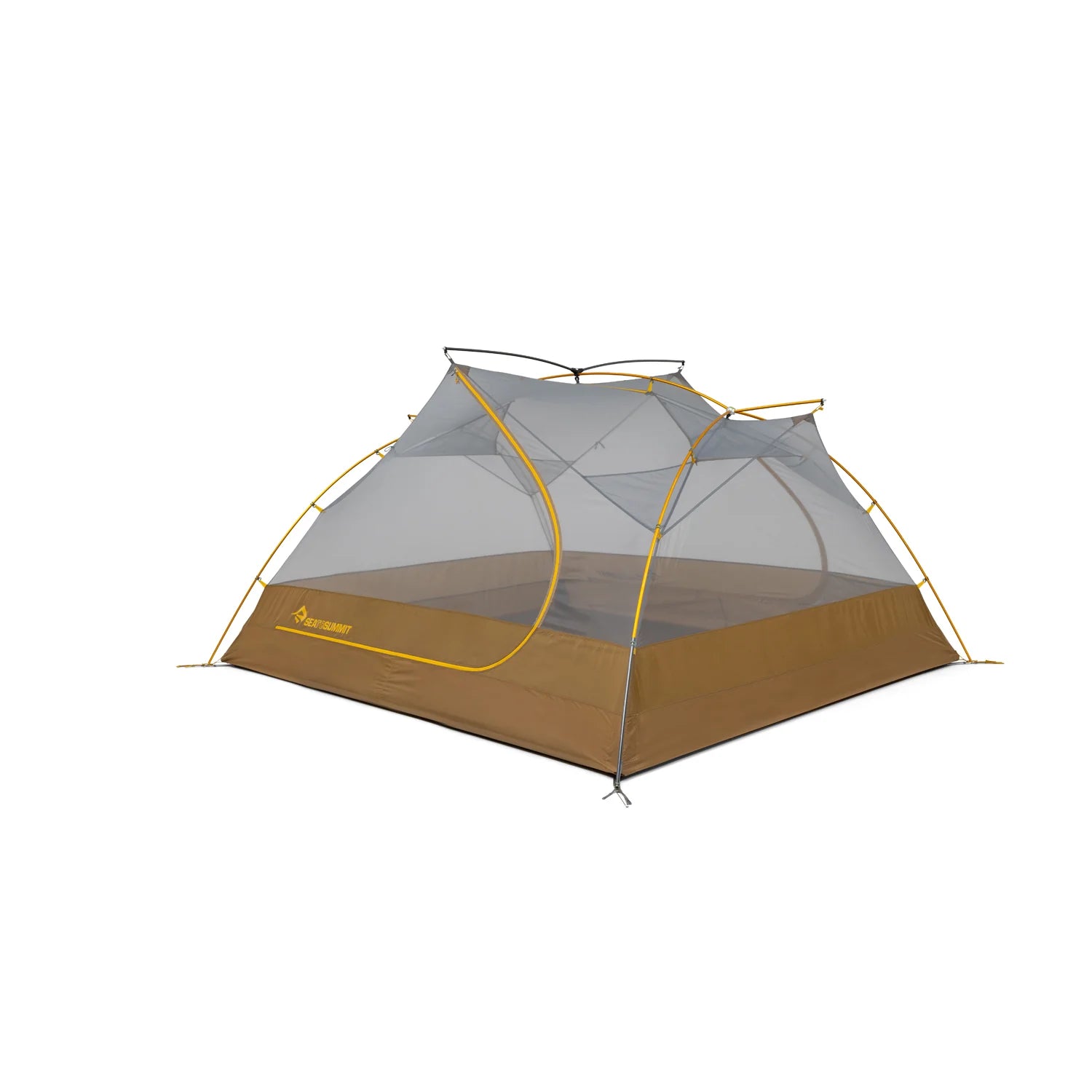 Camping tent with brown floor and gray mesh on a white background