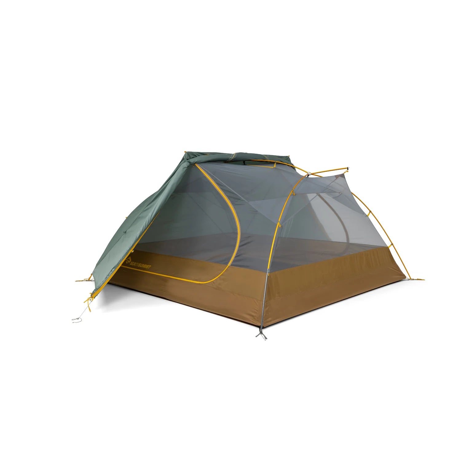 Camping tent with green top and brown bottom on a white background