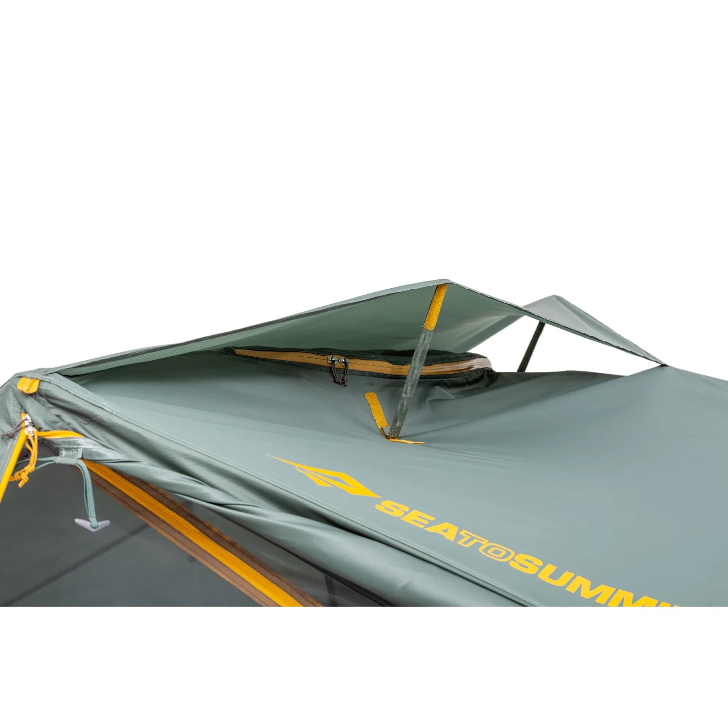 Green tent with yellow accents on a white background, featuring the Sea to Summit brand.