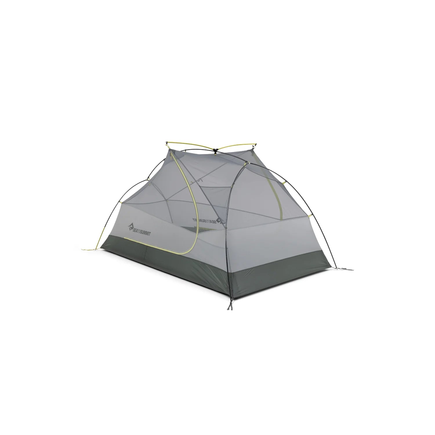 Gray camping tent with yellow accents on a white background