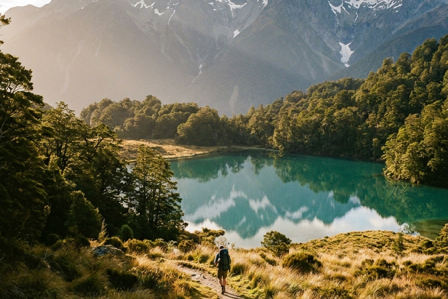 Person hiking along a path towards a lake with mountains in the background in New Zealand