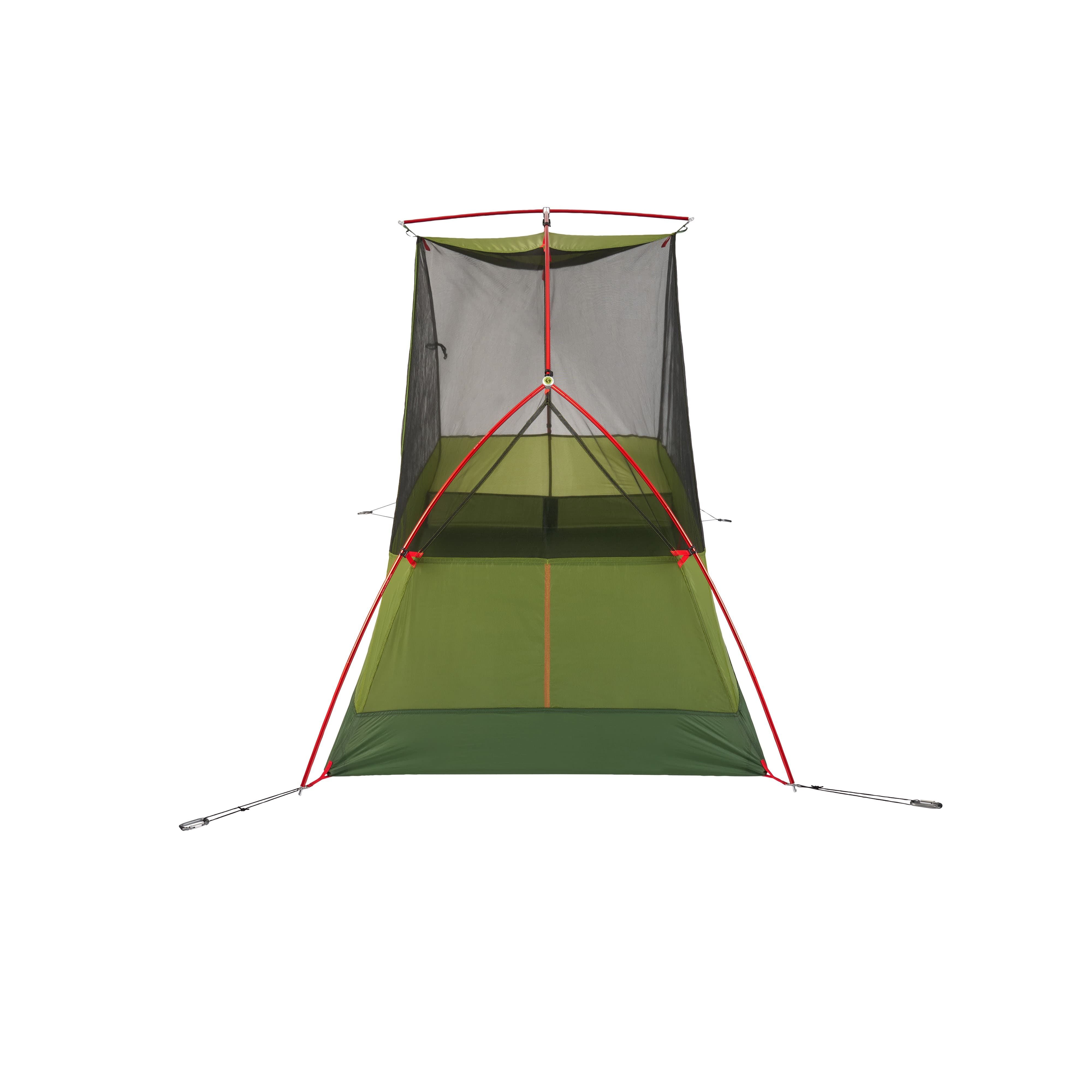 Green camping tent with red accents on a white background