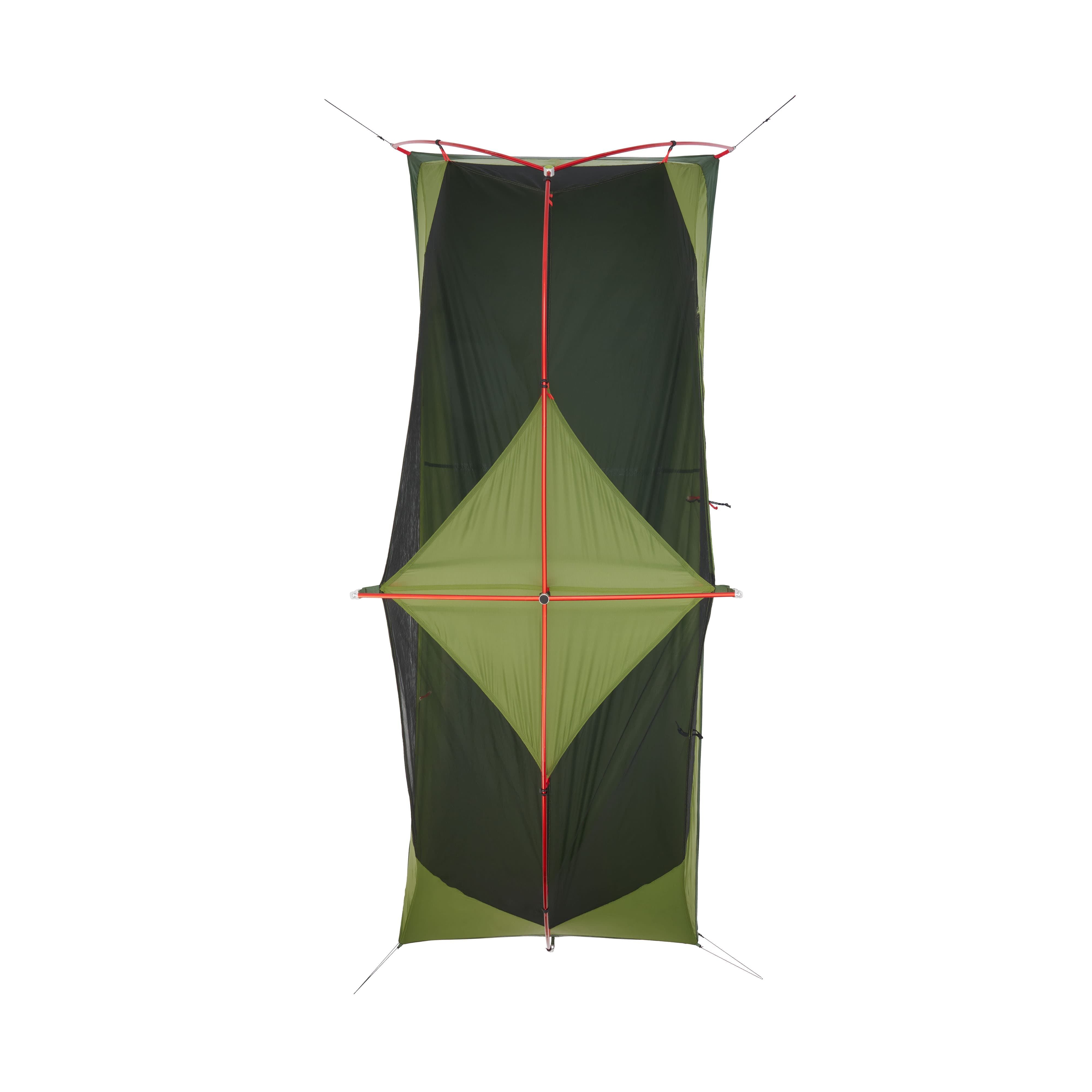 Green and black tent with red accents on a white background