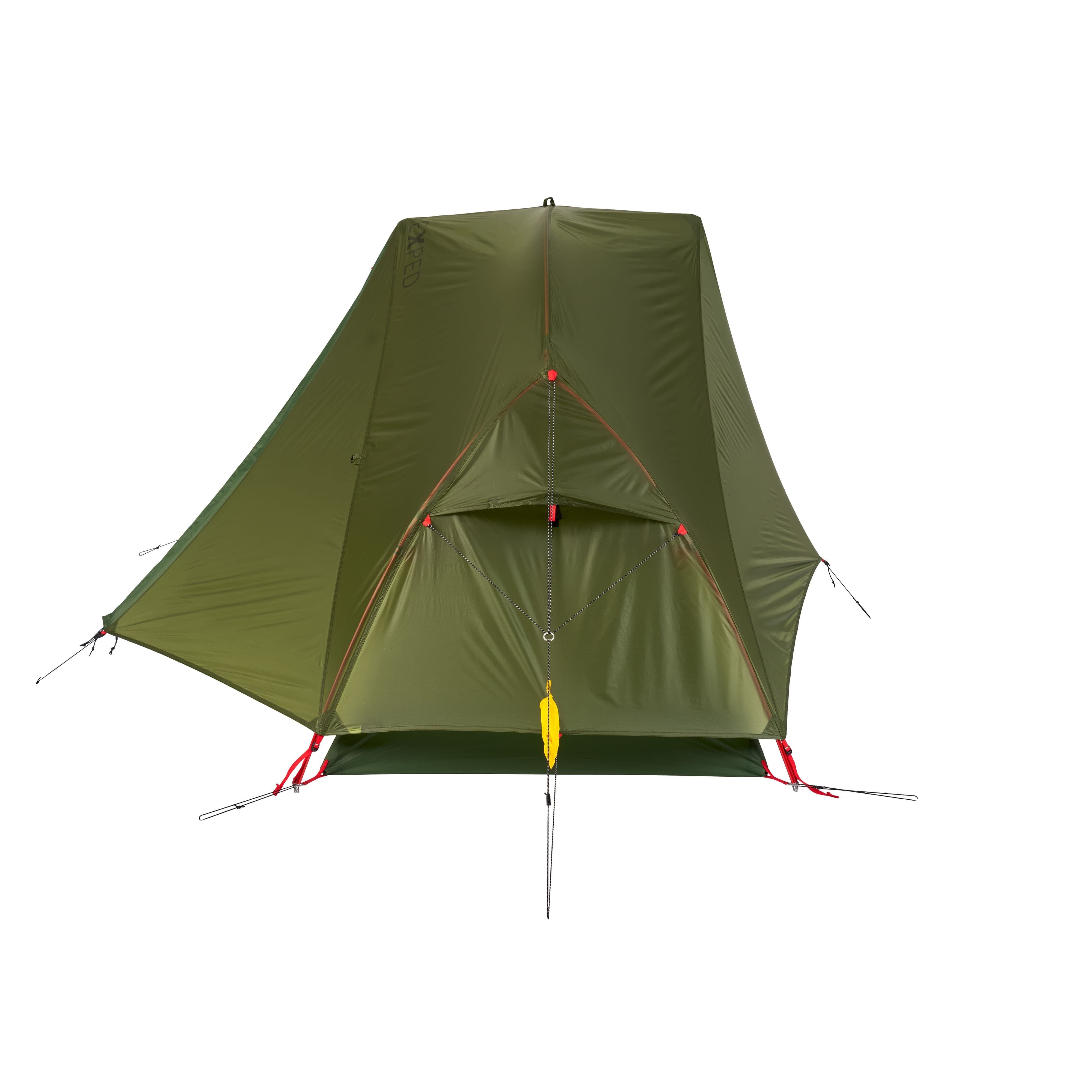 Green tent with red straps on a white background