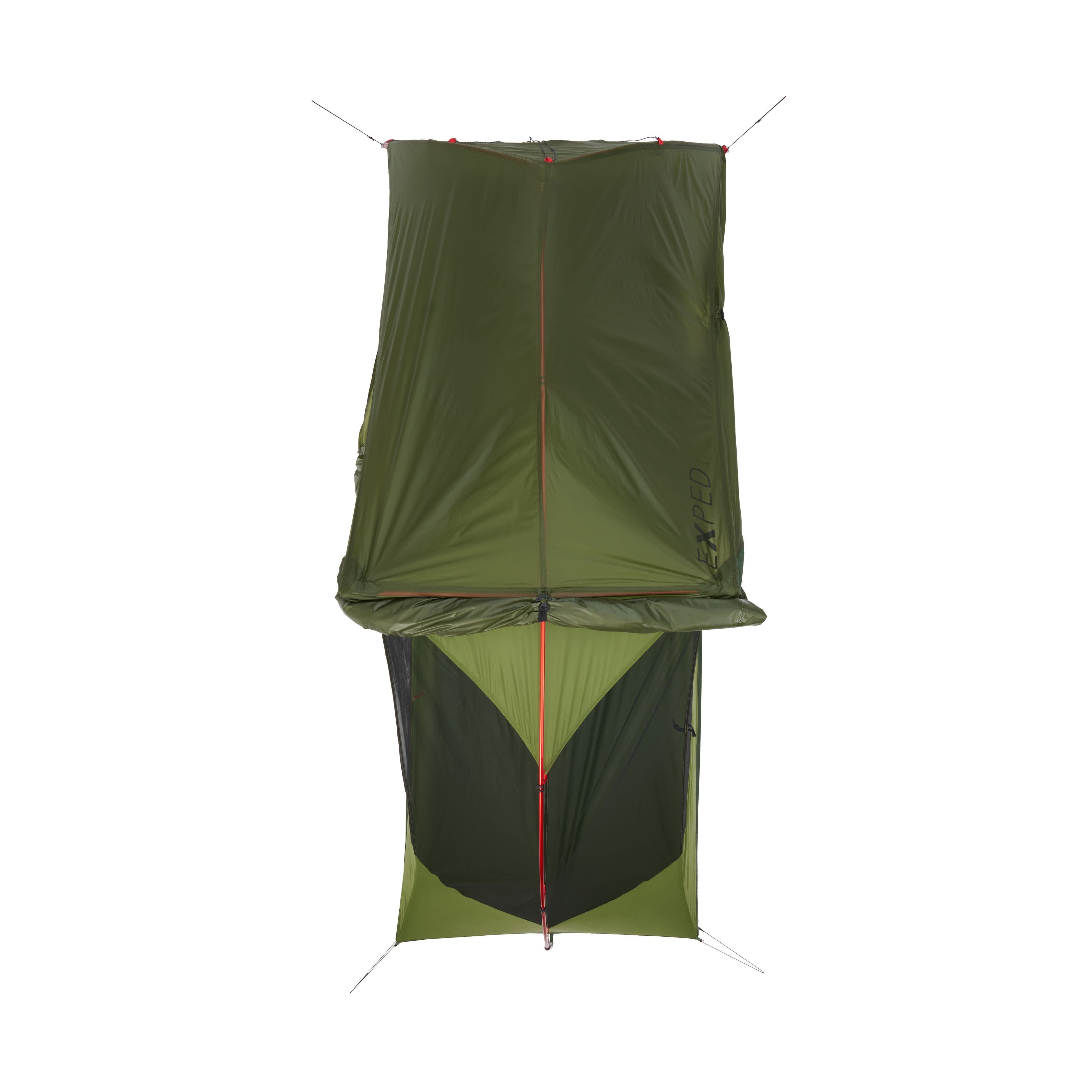 Green and black tent with red accents on a white background