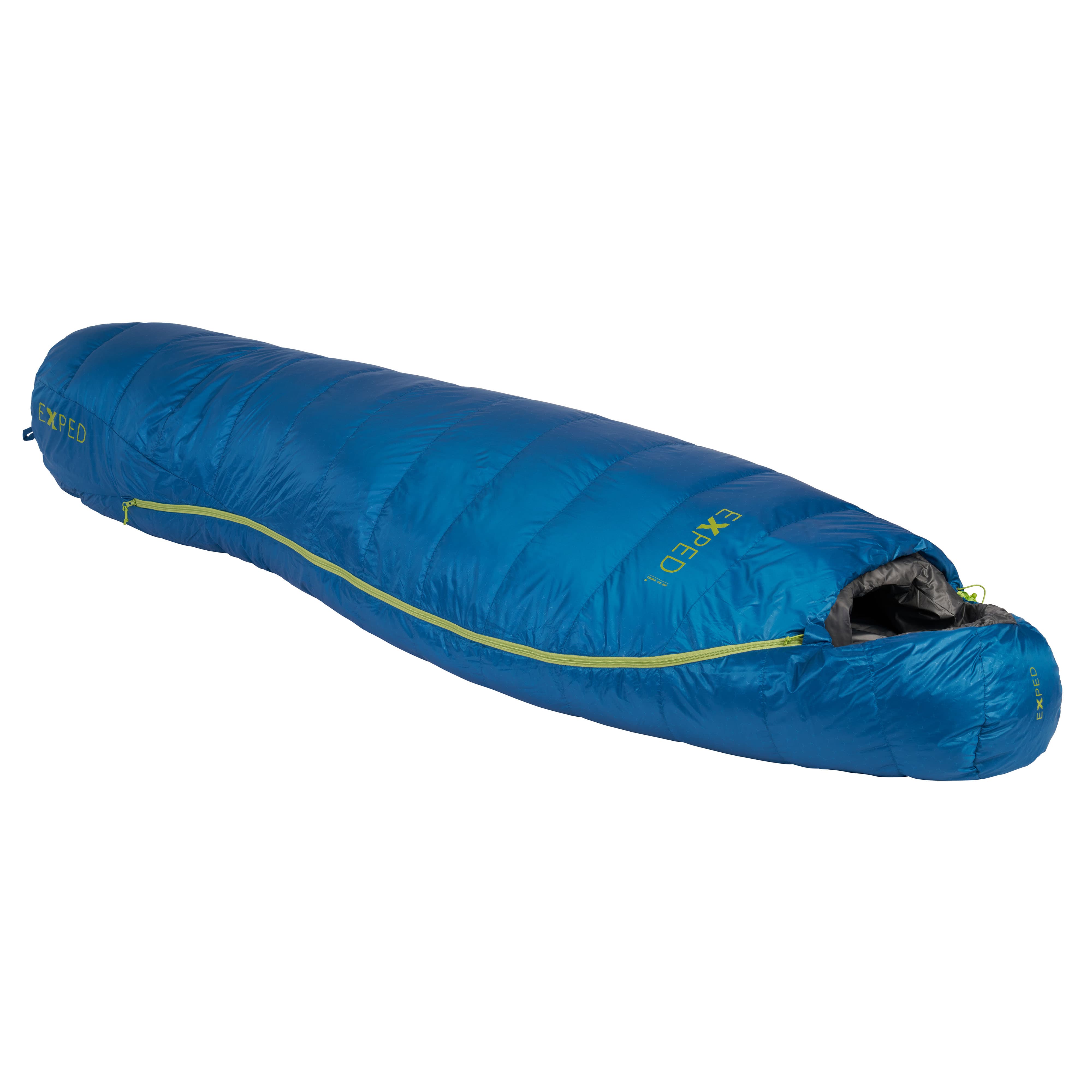 Blue lightweight sleeping bag down with yellow zipper on a white background