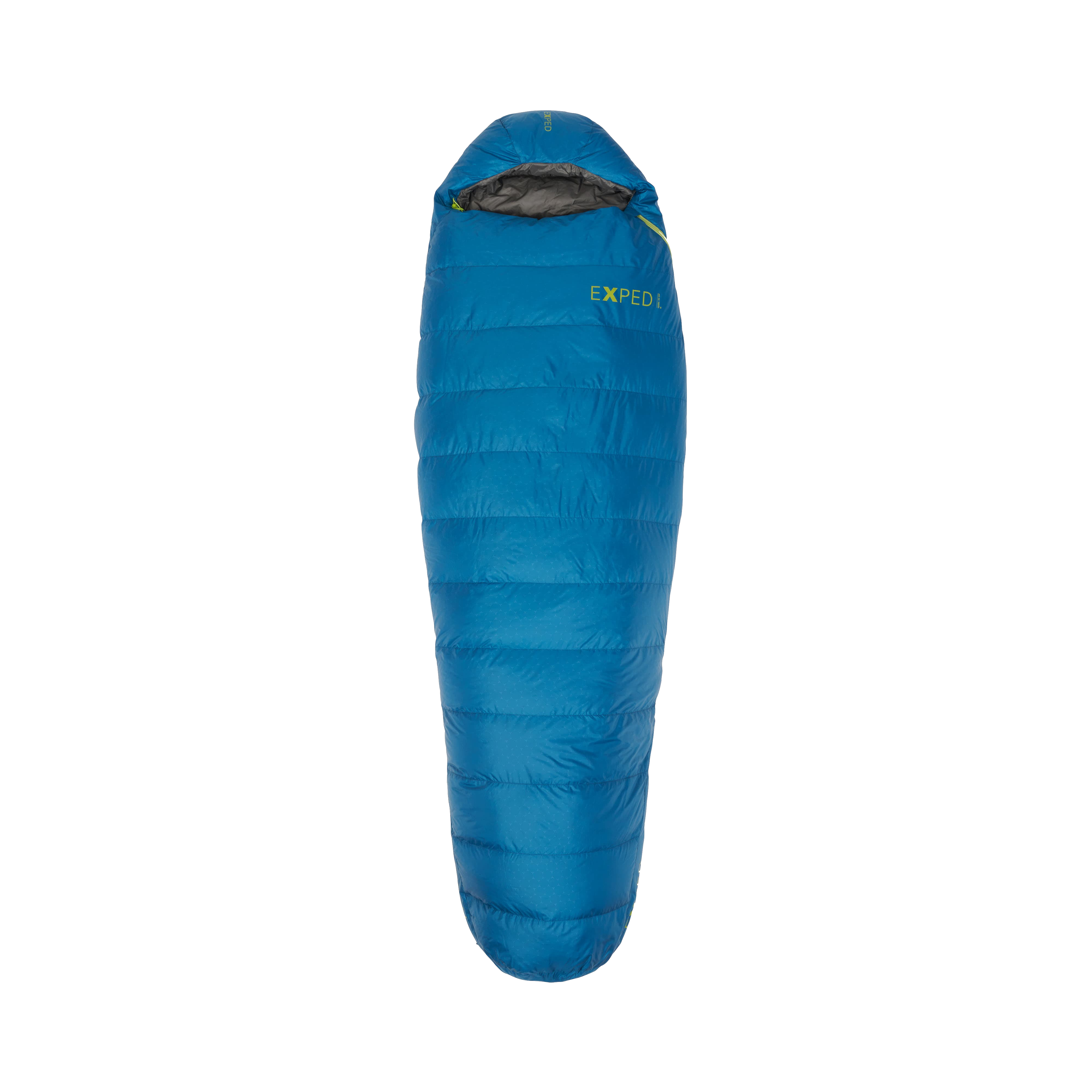 Blue lightweight sleeping bag with 'Exped' branding on a white background