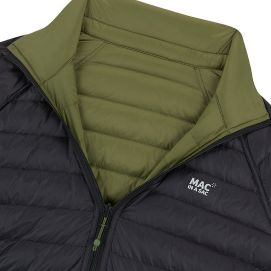 Black puffer jacket with green lining and 'Mac in a Sac' logo.
