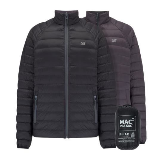 Two black puffer jackets with a small black bag on a white background