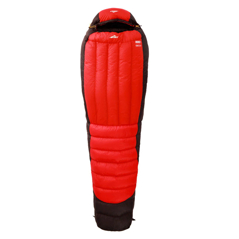 Red and black down sleeping bag on a white background