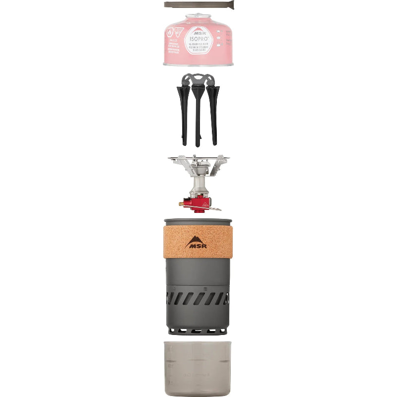 MSR camping stove with fuel canister and accessories on a white background
