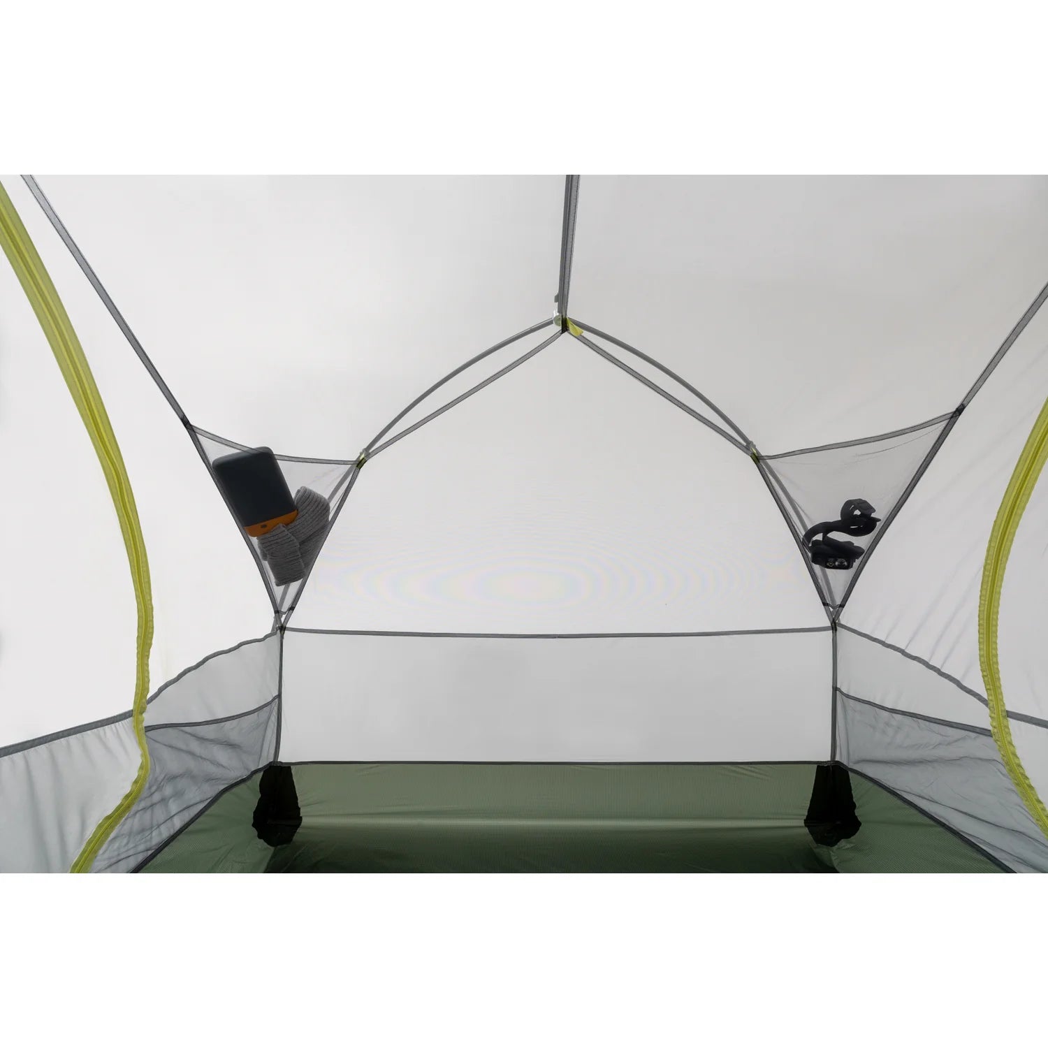 Camping tent with interior view showing a hammock between two poles.