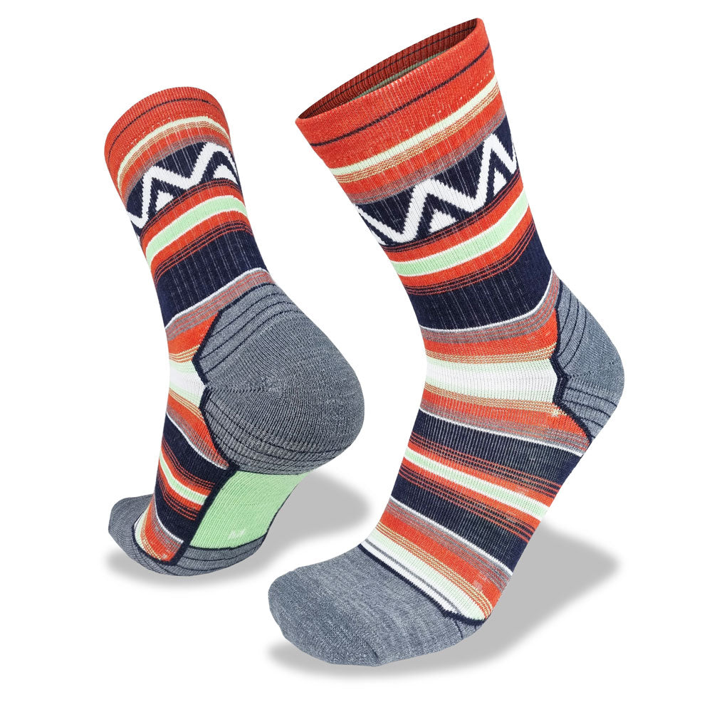 Colorful striped socks with geometric patterns on a white background