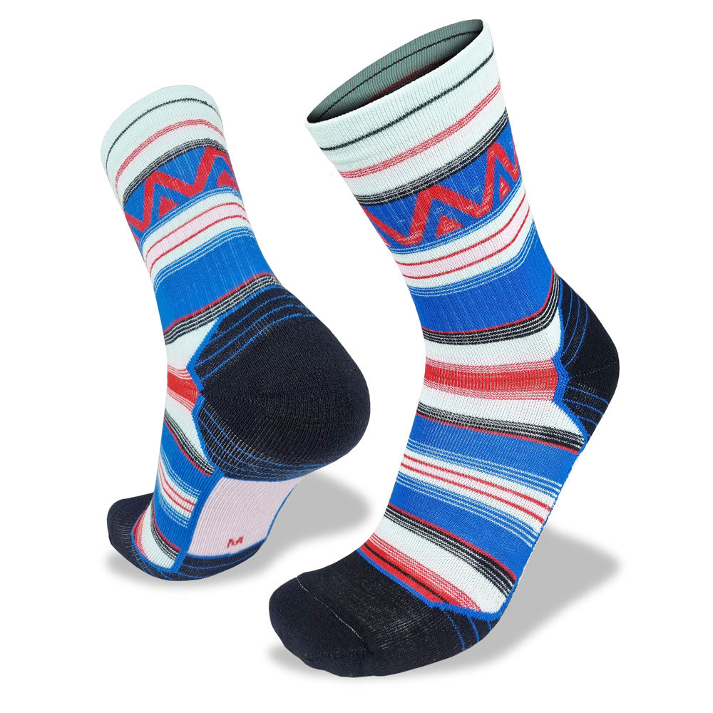Pair of colorful socks with a geometric pattern on a white background