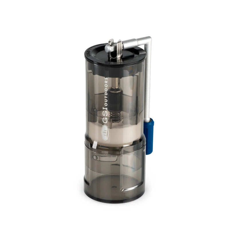A compact and portable GSI Java Grind Coffee Grinder with a clear body and black accents, featuring an adjustable ceramic burr grinder.