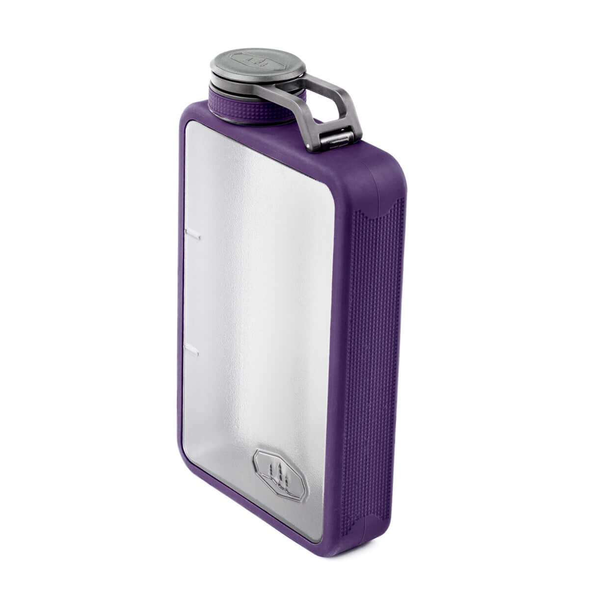 A purple coloured GSI Boulder Hip Flask on a white background