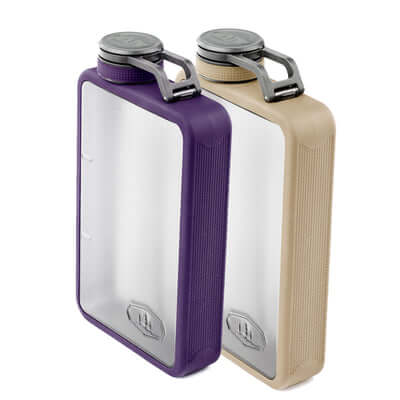 Two hip flasks, one purple and one beige, with a metallic top and a silicone bumper.