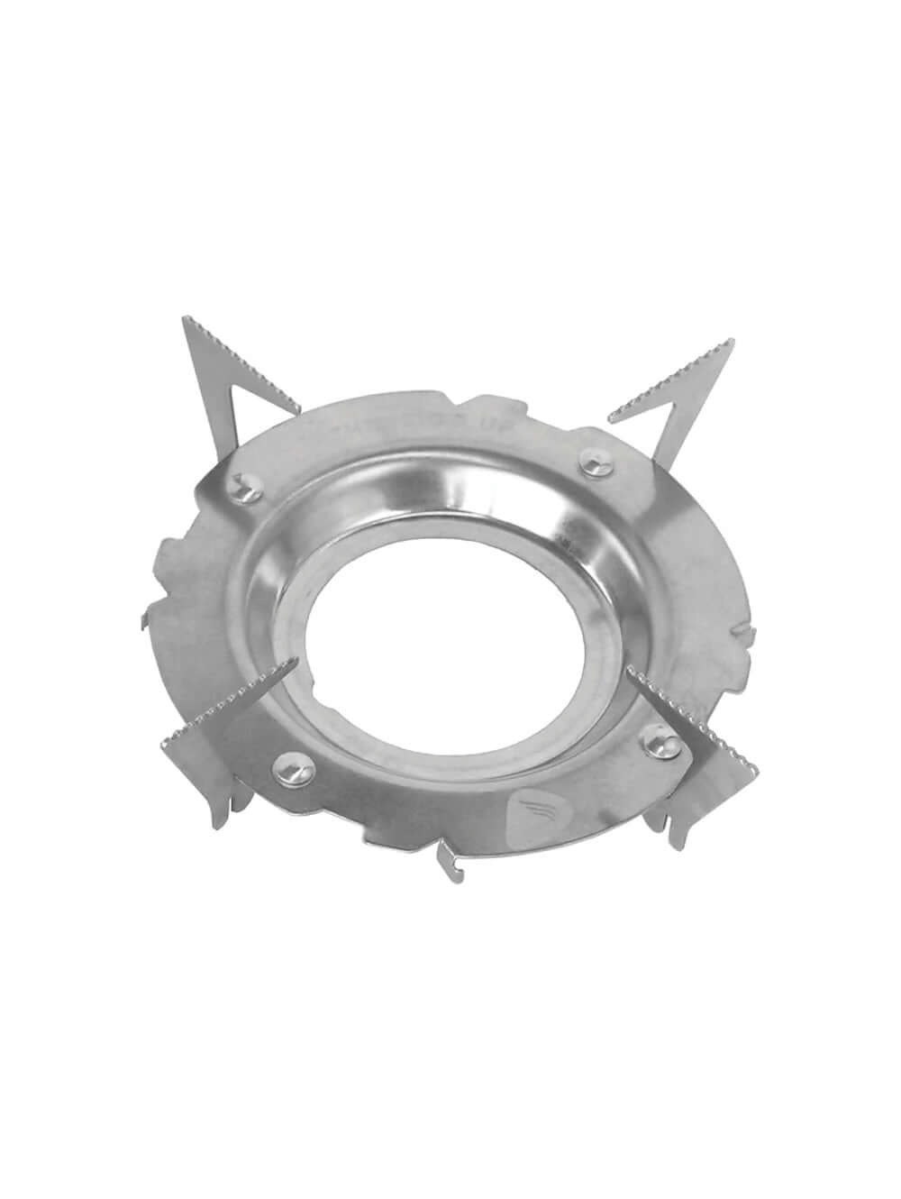 A Jetboil Stainless Steel Pot Support designed to attach cookware to a burner, featuring foldable flanges.