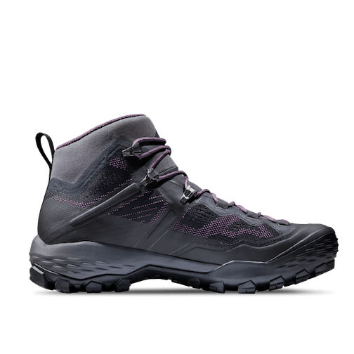 A pair of Mammut Ducan Mid GTX Women's Hiking Boots in black color, featuring a lace-up closure and a Vibram sole for grip.