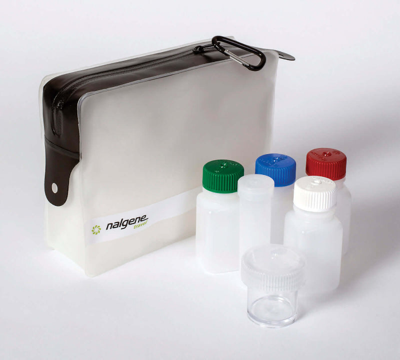 A Nalgene TSA Compliant 6 Piece Travel Kit with various leakproof bottles with different colored caps, a cotton swab vial, a straight sided jar, and a bag with a leak-resistant zipper.